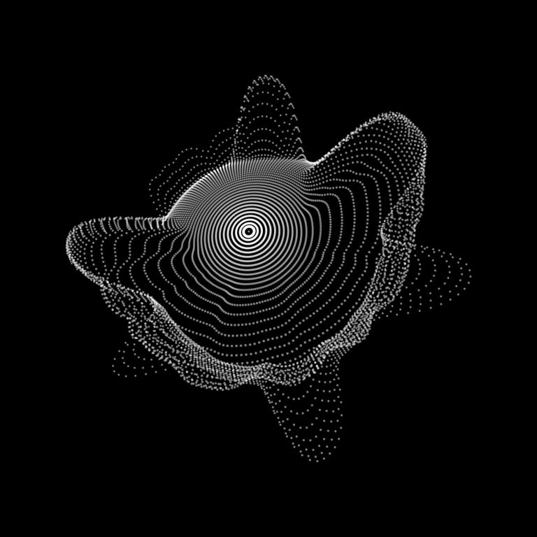 Abstrakte 3D verzerrte Sphäre mit weißen Punkten als Big Data visualisiert auf schwarzem Hintergrund schaut nach links oben