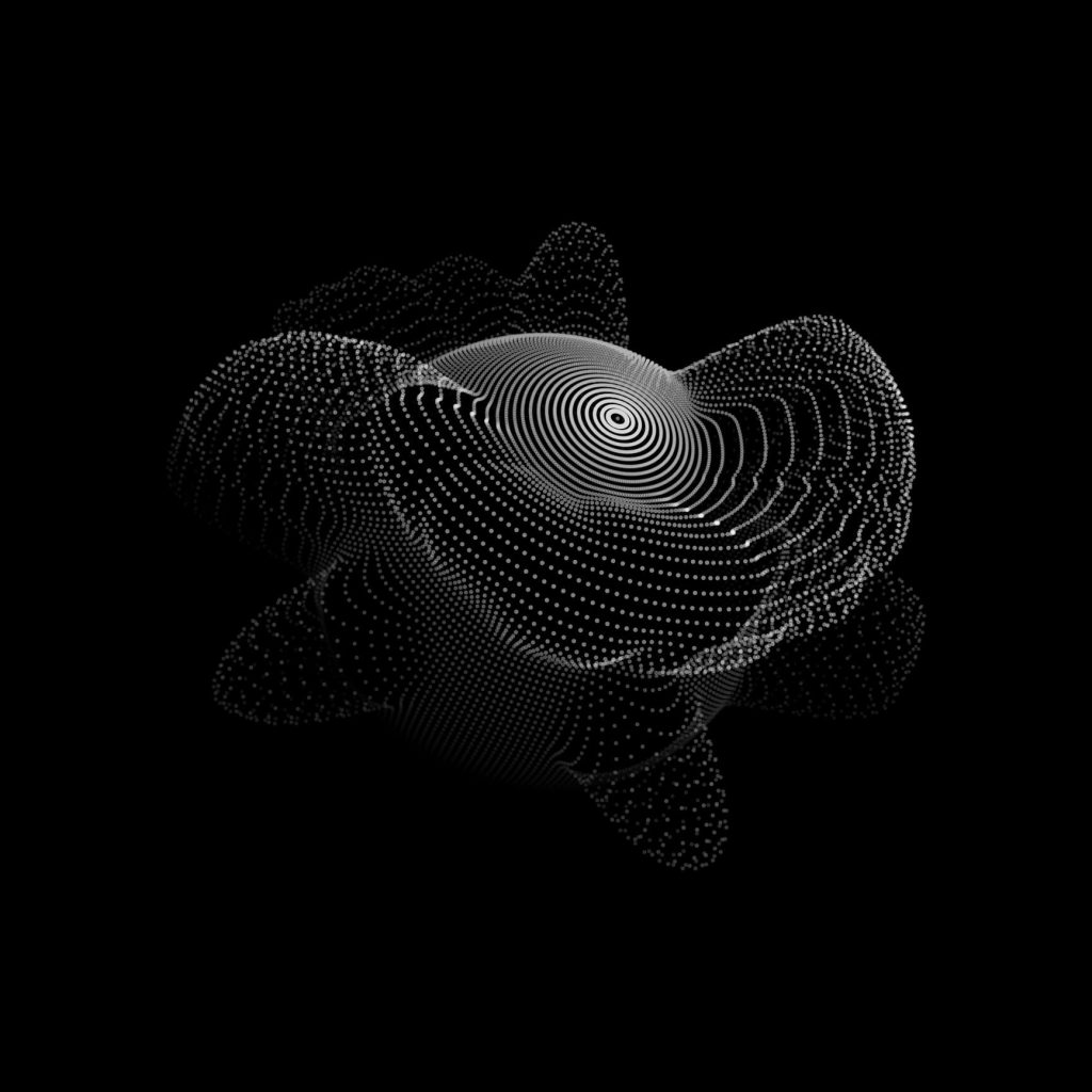 Abstrakte 3D verzerrte Sphäre mit weißen Punkten als Big Data visualisiert auf schwarzem Hintergrund schaut nach rechts oben